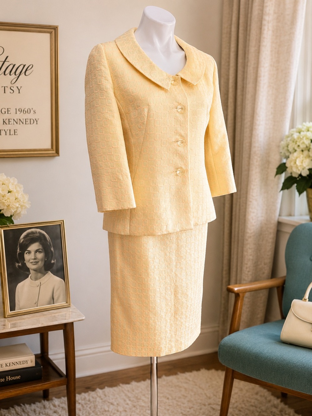M. Daquin Paris Vintage Yellow Jacquard Lined Skirt Suit Jackie Kennedy